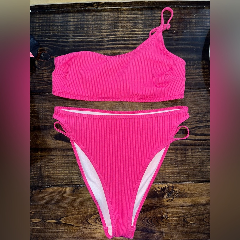 Hot pink one strap high waisted Shein bathing suit set